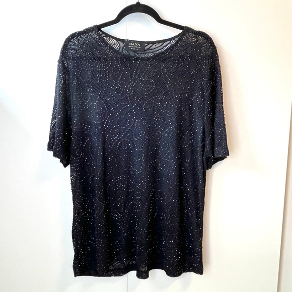 Vintage Dana Buchman Black Beaded Open Knit Top Sheer Sparkle Evening Wear L/XL - Picture 3 of 13